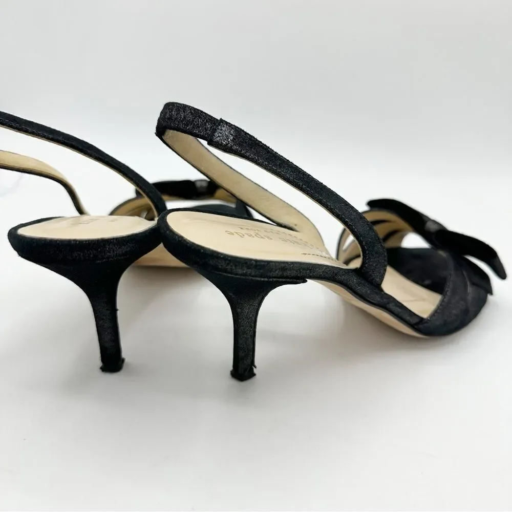 Kate Spade Metallic Black Leather‎ Slingback Stiletto Heels w/Bow Sz 9.5 B
